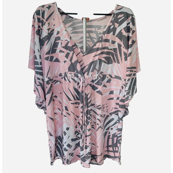 Tori Richard Pink Gray Tropical Leaf Print Top Size L Made in Hawaii USA - Picture 1 of 6